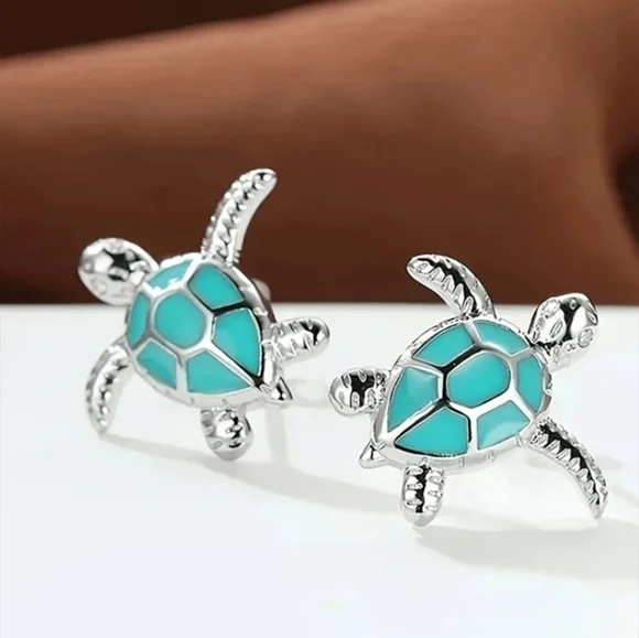 Silver and Blue Turtle Earrings - Picture 2 of 2